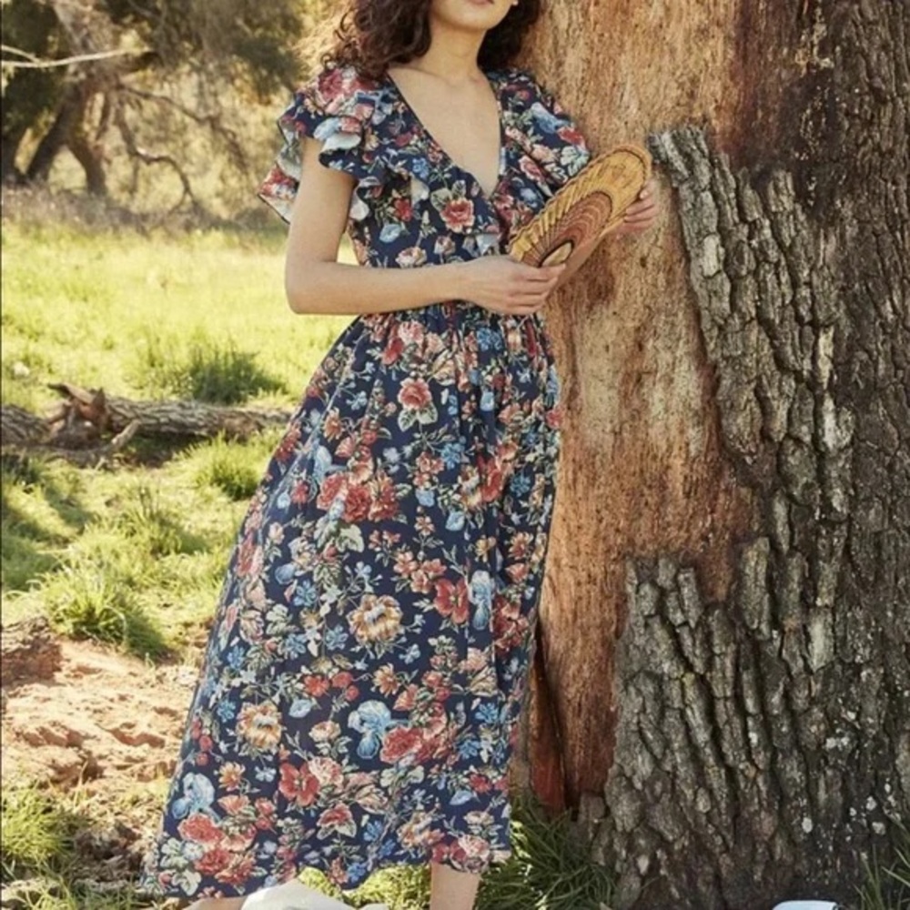 Dôen Pecos Indigo Iris Floral Midi Dress Liberty Fabric SZ SMALL